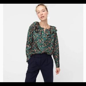 J.Crew collection silk-twill ruffle-collar blouse, green mushroom. Size S.